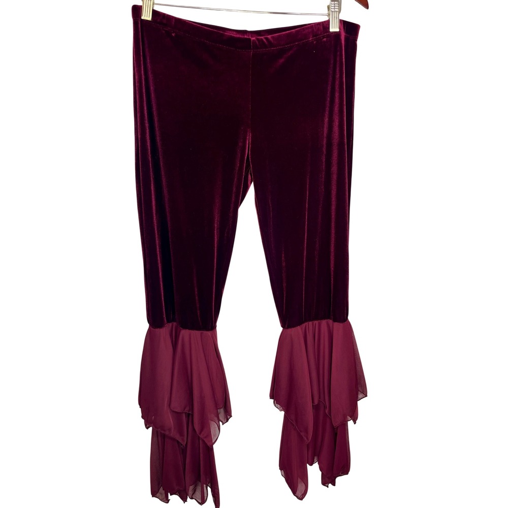 Sharif Designs Velvet Gypsy Ruffle Pants Womens Medium Burgundy‎ Mid Rise